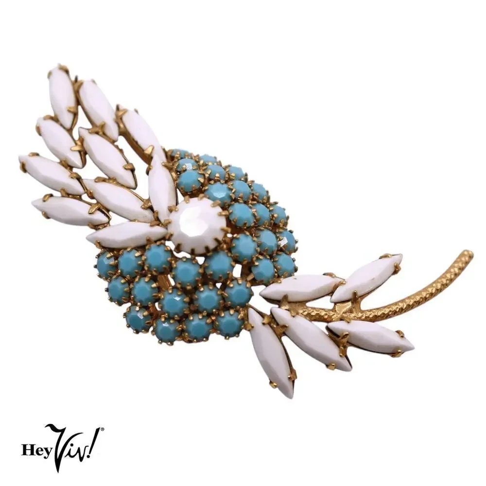 Vintage Statement Pin Brooch Prong Set Faceted White and Turquoise 3
